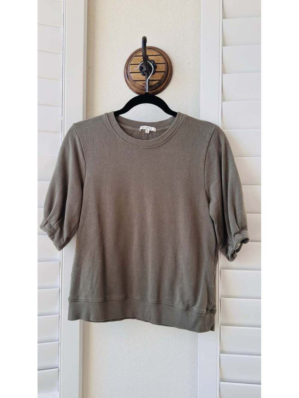 Z Supply Olive Green Cotton Puff Sleeve Knit Top - Size S